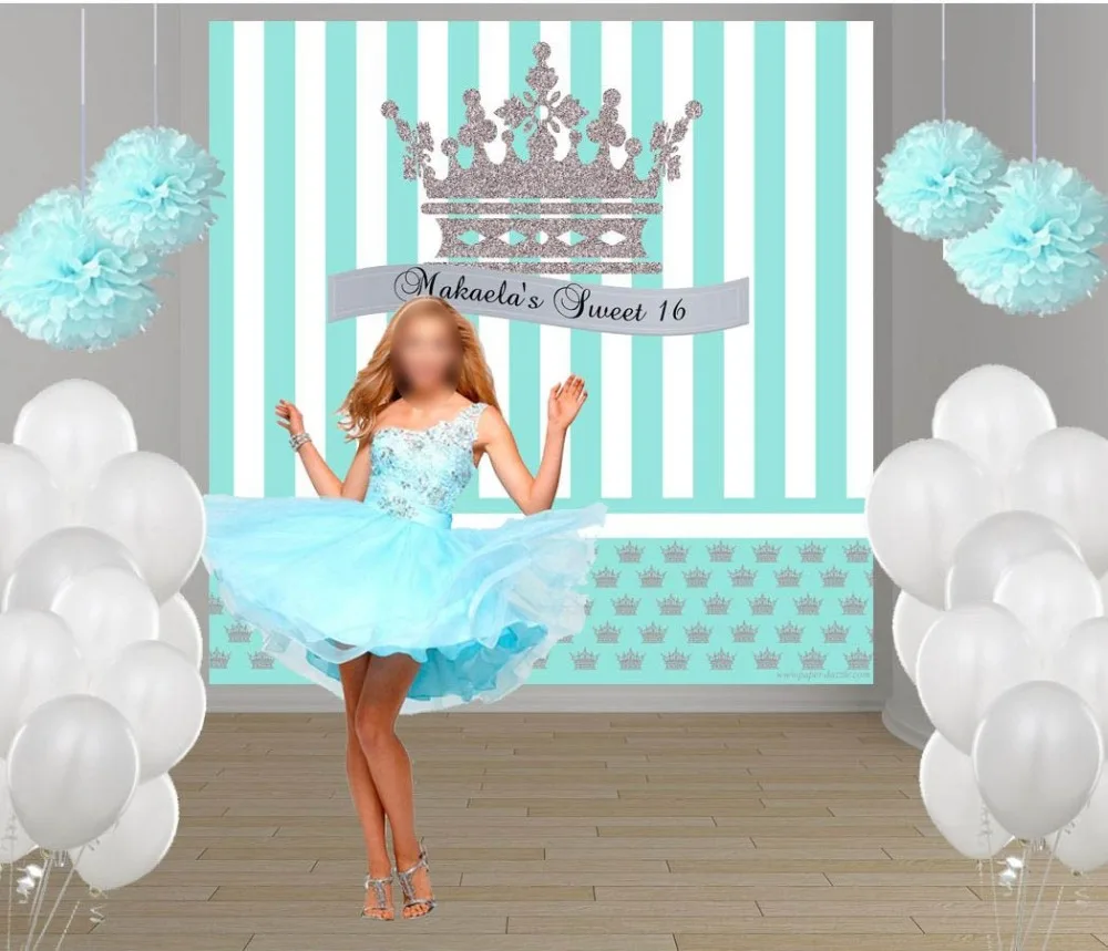 

custom Sweet 16 Princess Crown Blue And White Striped backdrops High quality Computer print birthday background