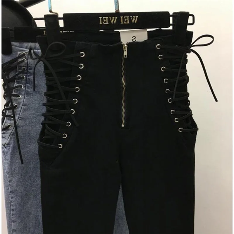 Женские джинсы на каждый день с завязками, обтягивающие винтажные джинсы на молнии с высокой талией, модные весенние ковбойские длинные джинсы, джинсовая уличная одежда