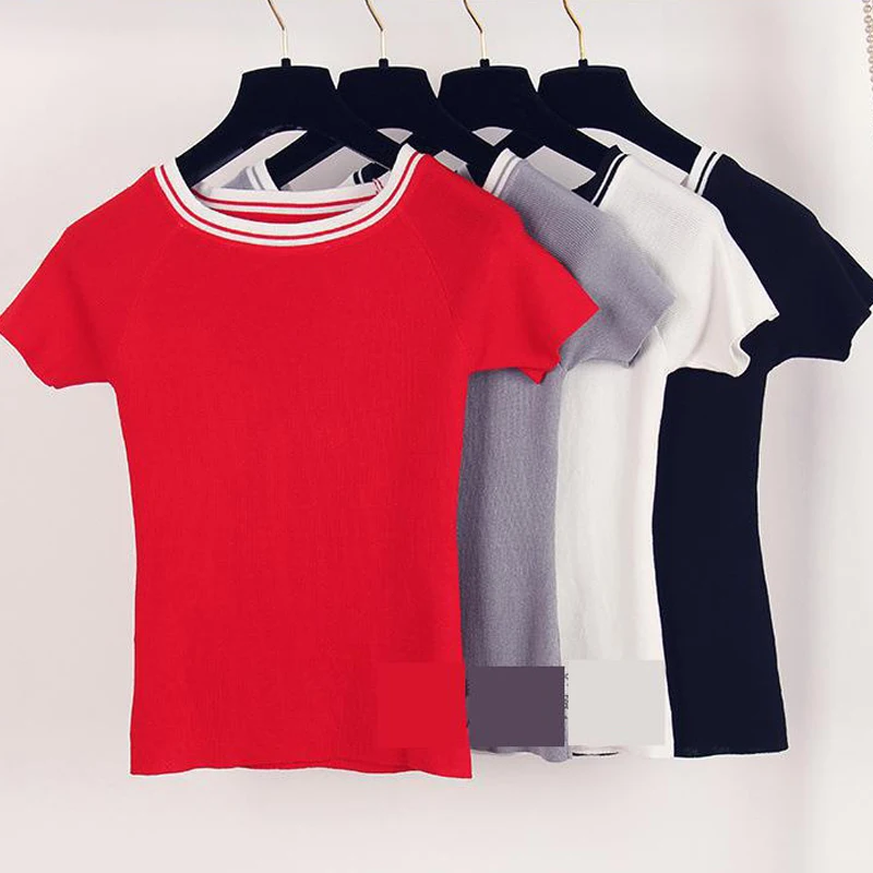 

Slim Fit Women Summer Sweaters White Grey Red Pullovers Femme Pull Stretch Tops Knitting Shirts Tee Tops 2019 New Short Sleeve