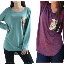 Для женщин Повседневное модные Блестки карман Футболка Весна с круглым вырезом с длинным рукавом Свободные топы; пуловеры для маленьких детей однотонные футболки плюс Размеры M0185