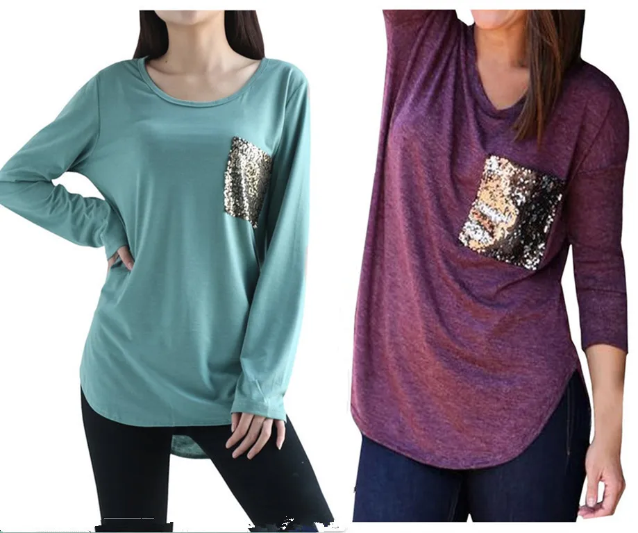 

Women's Casual Fashion Sequins Pocket T Shirt 2017 Spring O Neck Long Sleeve Loose Tops Pullover Solid t-shirts Plus Size M0185