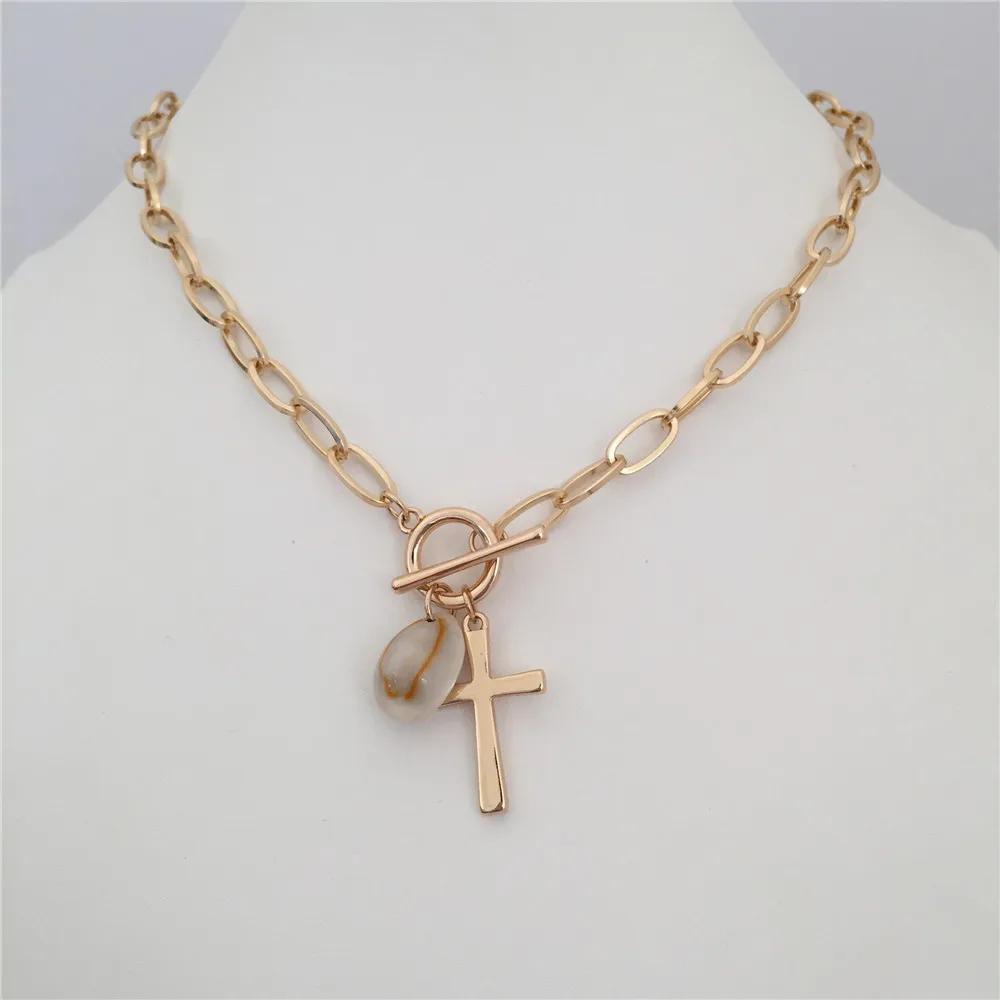 

TRENDY GOLD COLOR PLATING CROSS NATURAL SHELL CHARM NECKLACE FOR WOMEN