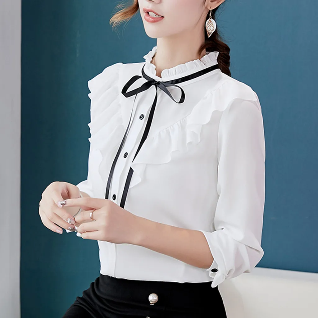 Women Chiffon Shirt 2019 Women Work Office Long Sleeve Bow Tie Ruffles Solid Chiffon Blouse Tee Shirt Top