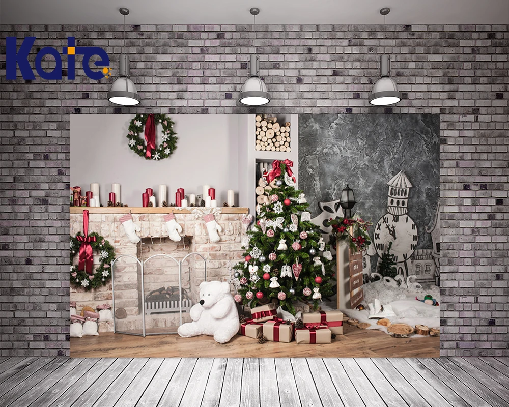 

Kate Photography Backdrops For Christmas Wood Floor Brick Stove Cute Bear Photo Studio Background For Children