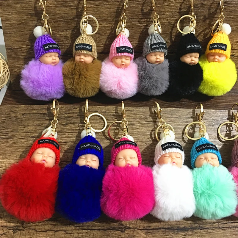 100pcs/lot 29 Colors Sleeping Baby Doll Keychain Woolen Yarn Hat Baby