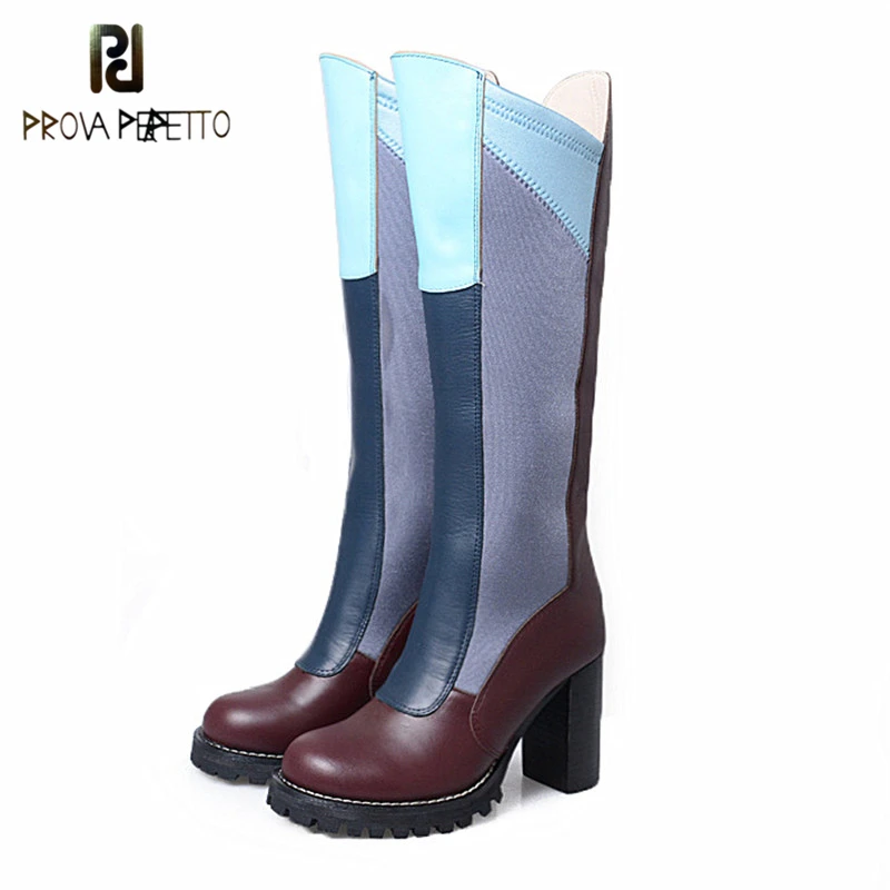 Prova Perfetto Fashion Mixed Color Cow Genuine Leather Chunky High Heel Boots Sweety Style Round Toe Woman Knee High Boots Prova Perfetto Fashion Mixed Color Cow Genuine Leather Chunky High Heel Boots Sweety Style Round Toe Woman Knee High Boots