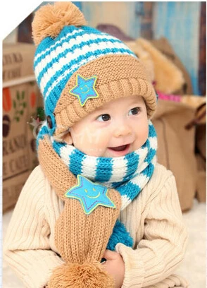 Новинка года, Модный зимний комплект для детей, 5 звезд, Skullies& Beanies, шарф, шапка, комплект для маленьких мальчиков и девочек, вязаные детские шапки и шапки - Цвет: Синий