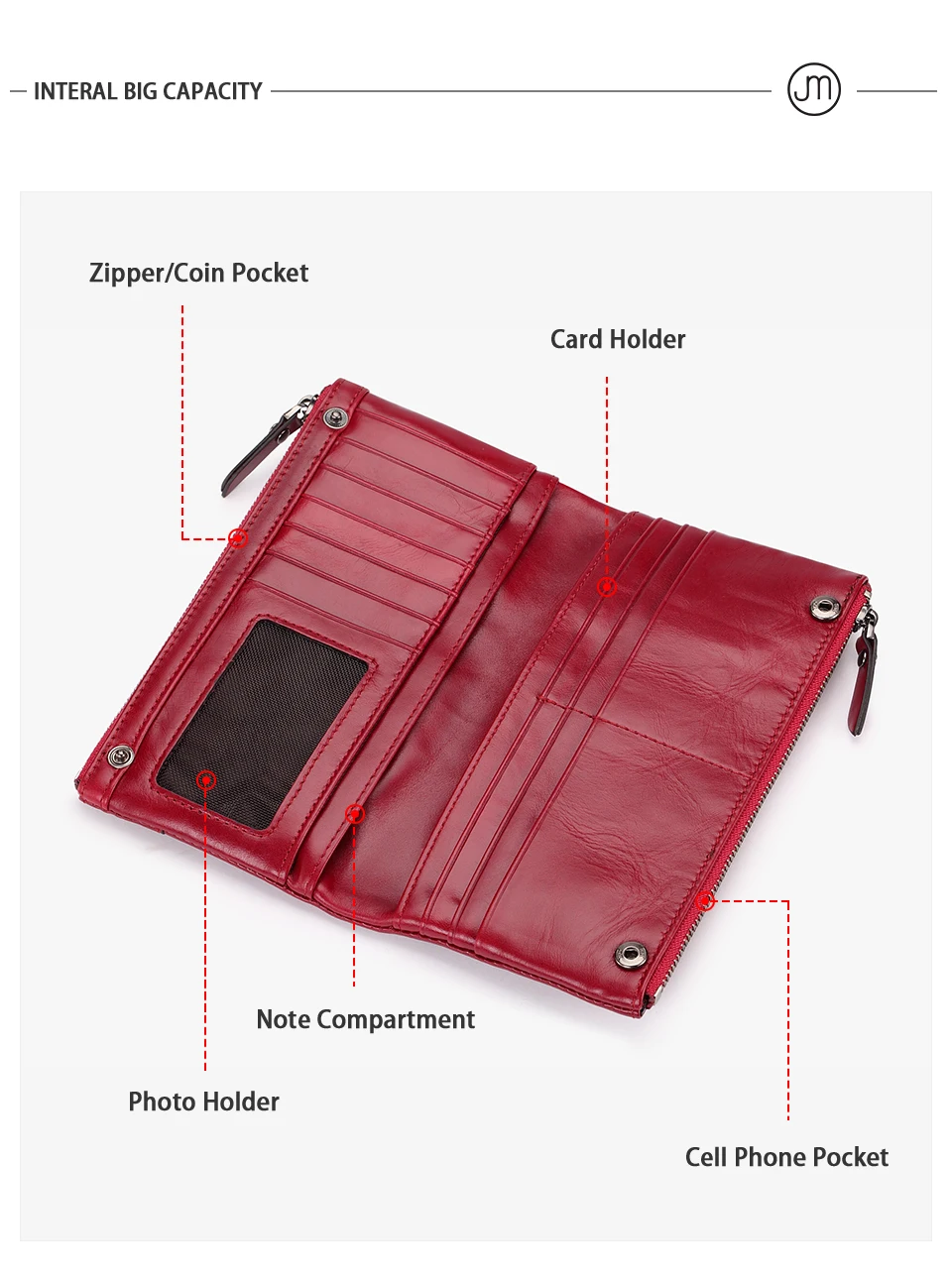 Jamarna Women Wallets Wallet Female Leather Natural Double Zipper Wallet Women Red Coin Purse Card Holder Oil Wax               1_06