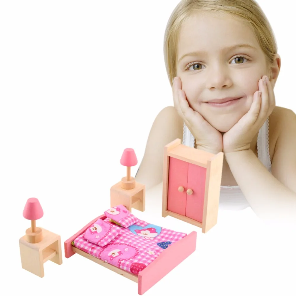 Кукольный домик, мебель, двойная кровать с подушками и одеялом, деревянная кукла, мебель для ванной, кукольный домик, миниатюрная детская игрушка
