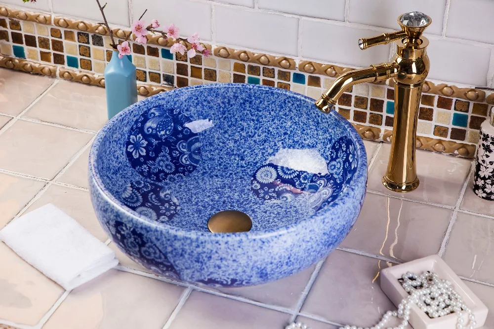 Blue And White China Artistic Handmade Ceramic wash basin Lavobo Round Counter top commercial bathroom vanities bathroom sinks (1)