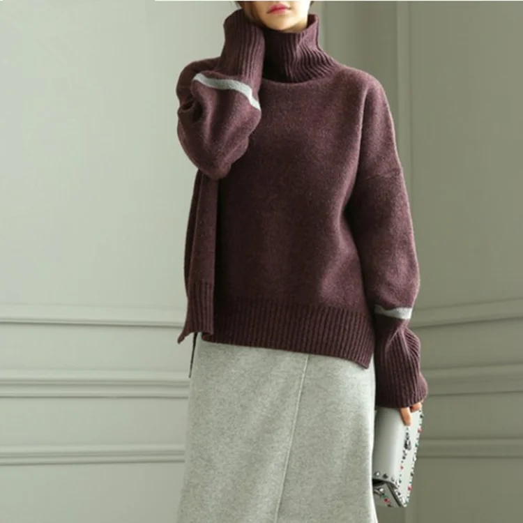 Осенний и зимний кашемировый свитер с высоким воротником, женские комплекты, короткий толстый свитер, свободный шерстяной свитер - Цвет: Коричневый