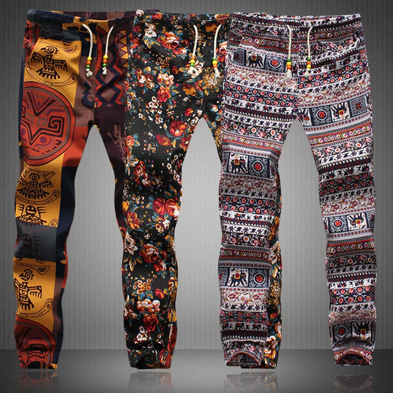 

Fashion Men Pants Floral Pattern Print Causal Pencil Linen Trousers Elastic Waist Jogger Breathable Sweatpants Plus Size S-5XL