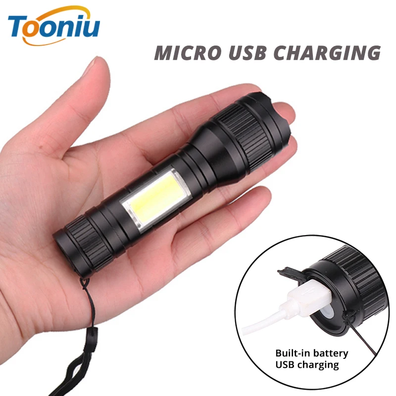 

MINI USB Rechargeable LED Flashlight T6 LED + COB 3 lighting modes Torch Support zoom Side COB lamp Suitable for camping,etc.