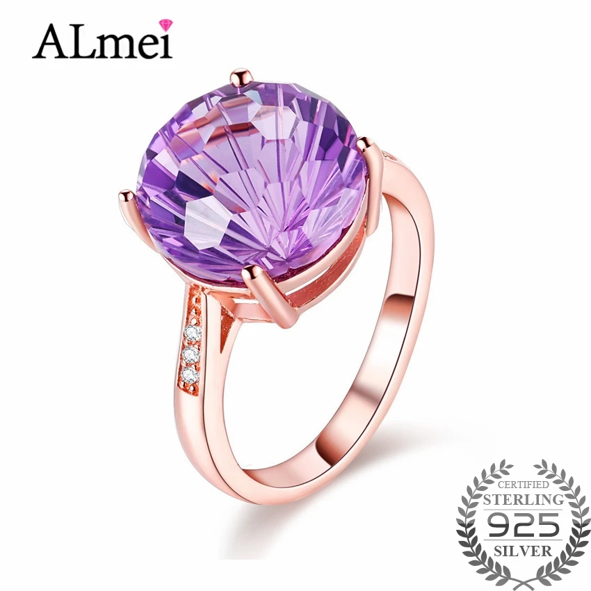 

Almei Women 4ct Amethyst Rose Gold Color Wedding Rings 925 Sterling Silver Gemstone Jewelry Bijoux Femme with Gift Box 40%FJ012