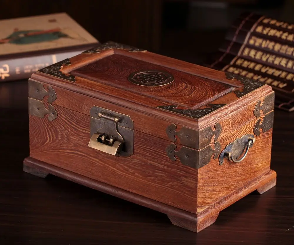 Antiguo joyero de caoba con cerradura caja de almacenamiento grande