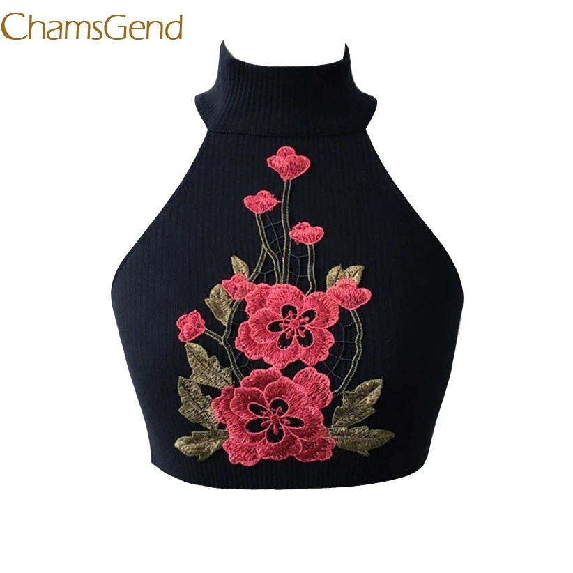 

Chamsgend Embroidery Rose Turtleneck Knitted Tank Top Women Sexy Crop Top Summer Shirt 7901