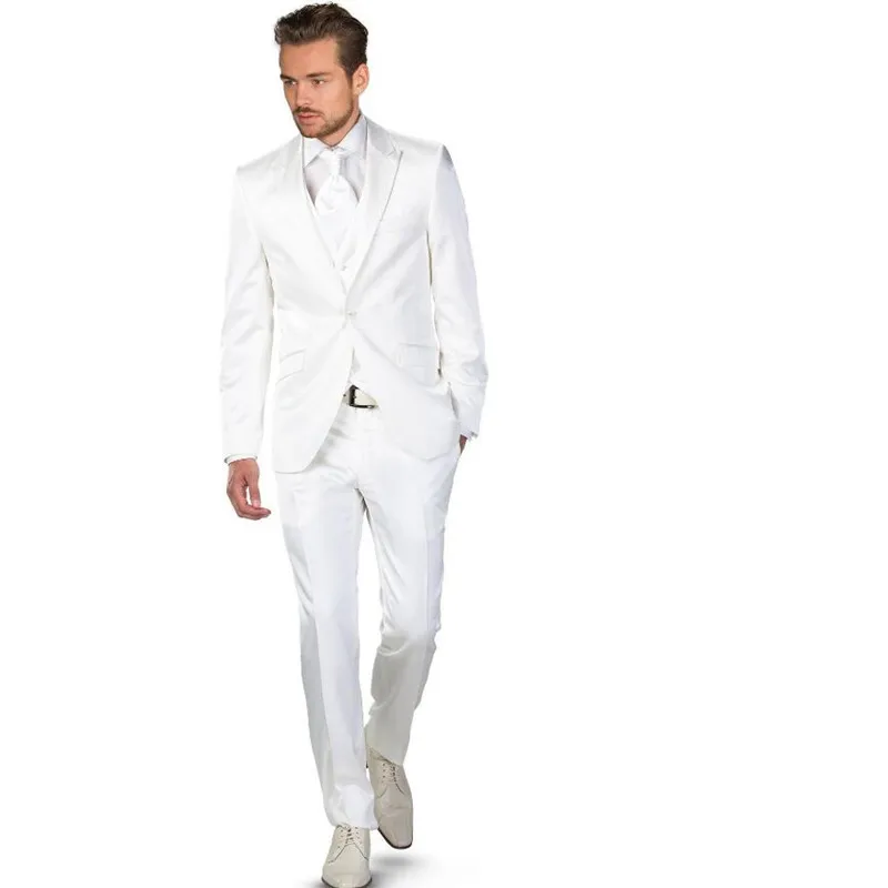 

new white wedding men suits peaked lapel men tuxedos slim fit men suit for grooms jacket+pants+vest+tie 2017 terno masculino