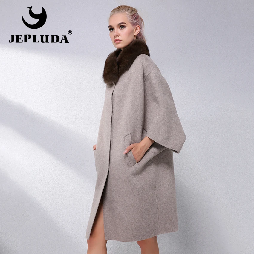 JEPLUDA Высокое Содержание 90% Кашемирового Пальто с Меховым Воротником Натуральный