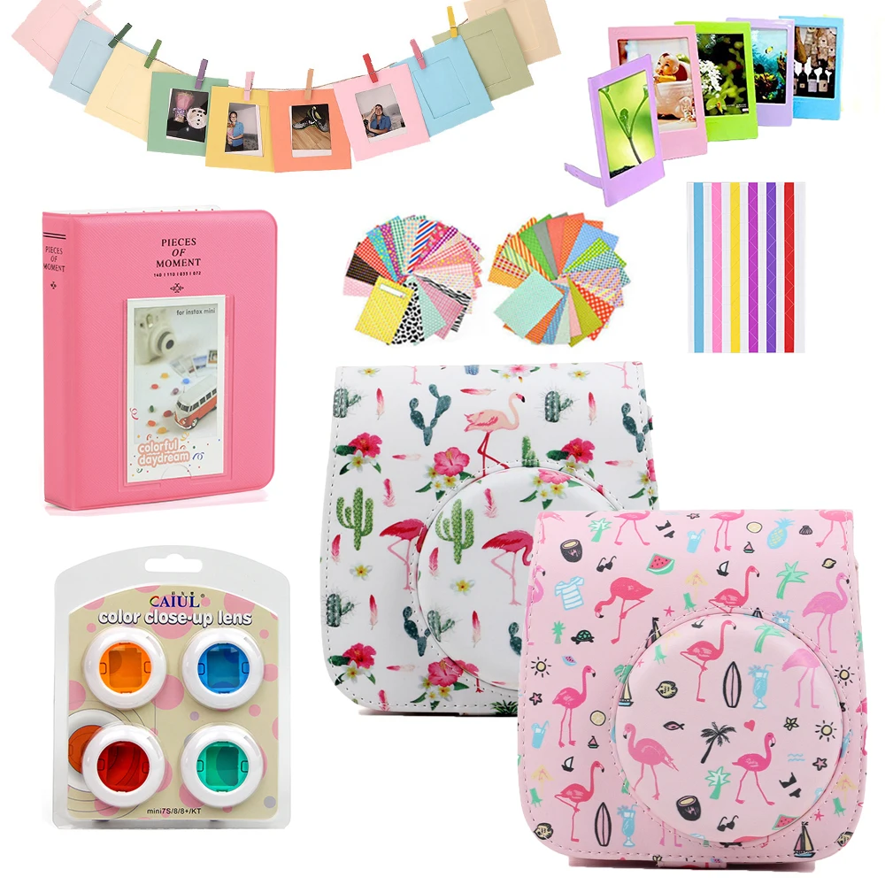 

For Fujifilm Instax Mini 8 9 Instant Camera Flamingo Carrying Case Bag Cover PU Leather Protect Pouch + Album + Deluxe Bundle