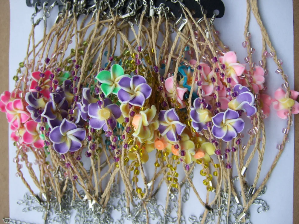 12 шт. разноцветные натуральные плетеные браслеты из рафии плюмерии с цветком фимо-глины, Изящные Ювелирные изделия