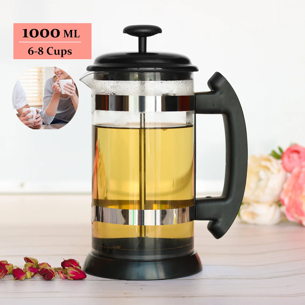 Kopen Franse Pers Koffie Thee Brouwer Koffie Pot Koffiezetapparaat Waterkoker 1000ML Roestvrijstalen Glas Thermos Barista Gereedschappen Koffie karaf