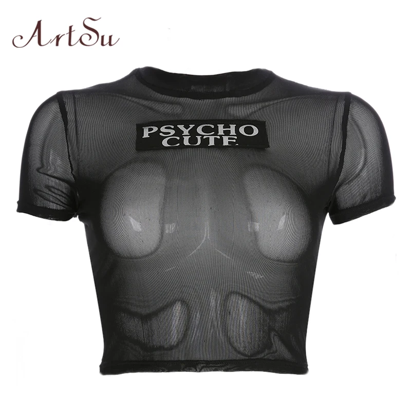 

ArtSu Patchwork Letter Mesh Top Short Sleeve Sexy Transparent Shirt Black Tshirt Basic Casual Tops Summer Streetwear ASTS20812
