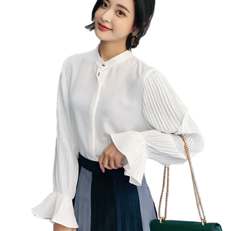 Women White Office Blouse Shirt Retro Ruffle Lantern Long Sleeve Chiffon Blouse 2018 Autumn Winte Elegant Tops Women Blouses