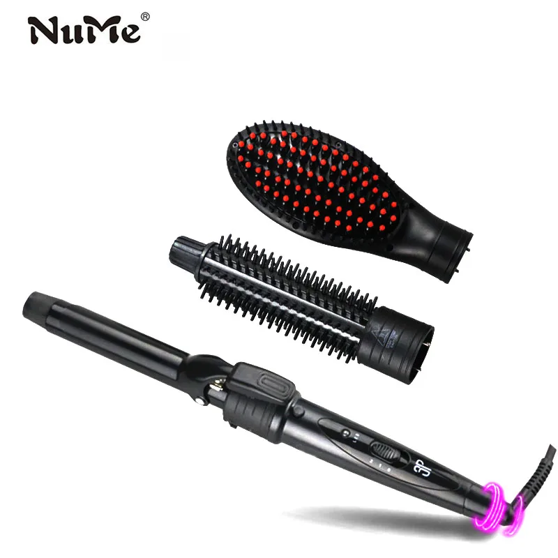 

NuMe 3 in 1 Interchangeable Ceramic Hair Curler Set hair Curling Wand with straightener brush Comb Professional Styling tools