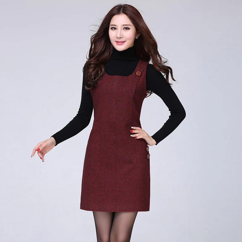 

2019 New Fashion Women Autumn Winter Lattice Woolen Vest Dress Houndstooth Sundress Thousand Birds Big Size Morality Dress S-5xl