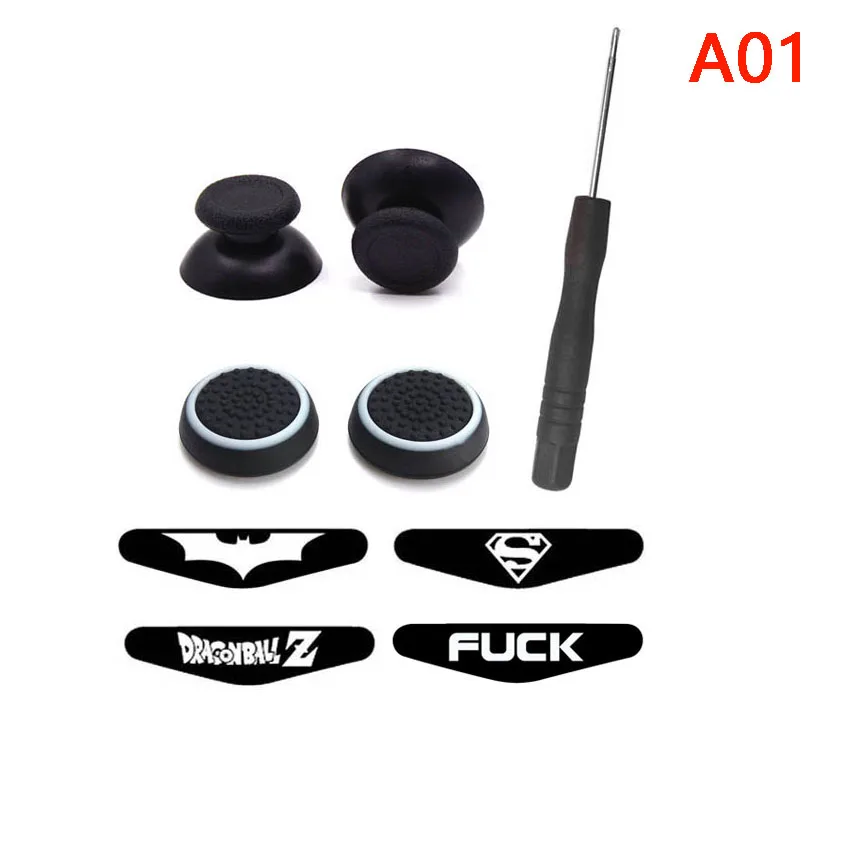 

For Dualshock 4 Controller Analog Joystick Thumb Stick Caps + Lightbar Stickers +Silicone Cap+Screwdrivers Repair Tool for PS4