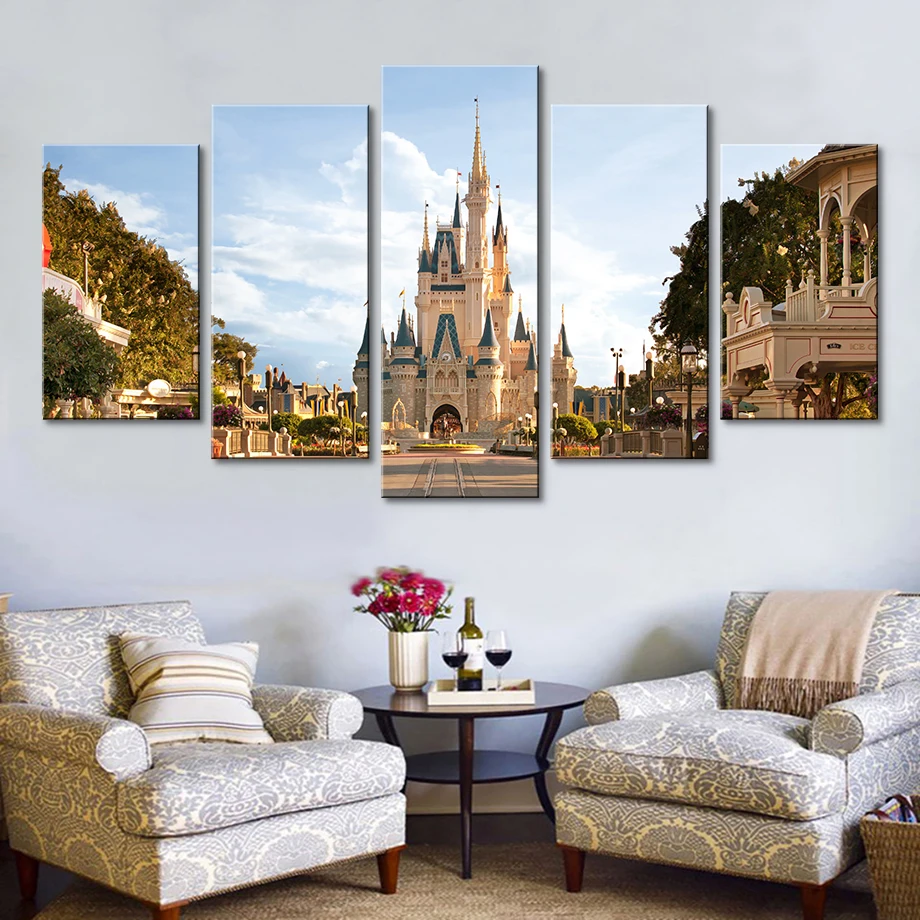 

Modern 5 Panel Disneyland Castle Poster Decoration Painting Canvas Print Home Decoration Modular Wall Paintings Wall Art