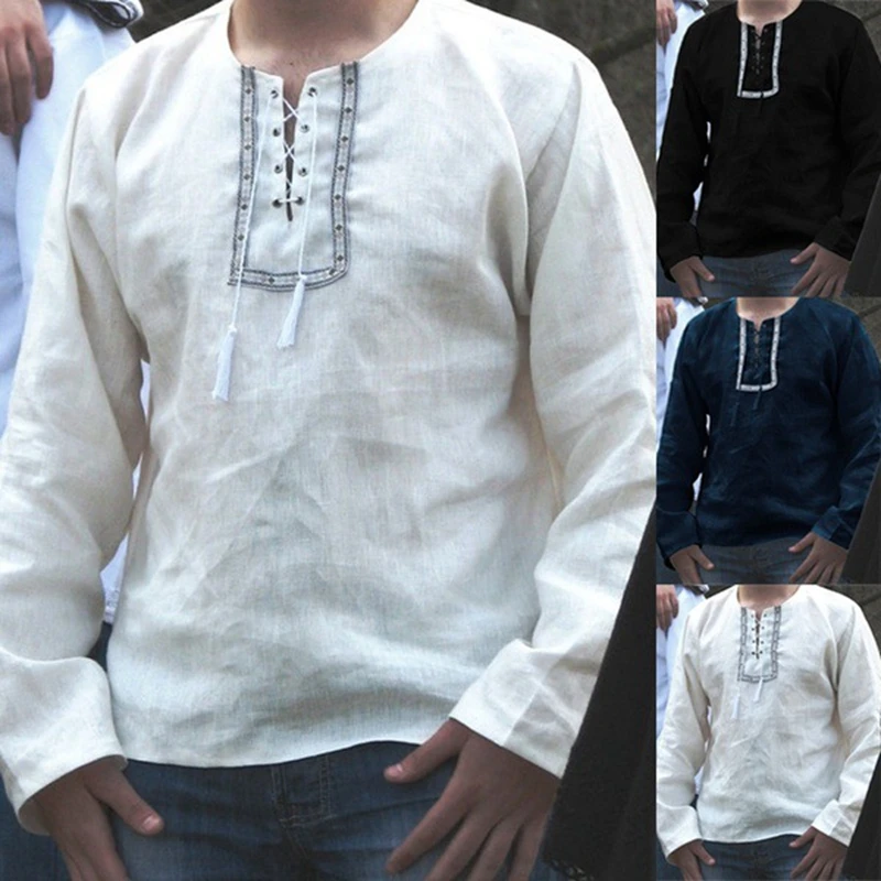 

Laamei 2019 Cotton Linen Solid Mens Shirts Long Sleeve Casual Loose Tops Leisure Lace Up Male Shirt Blouse Male Camisa Masculina