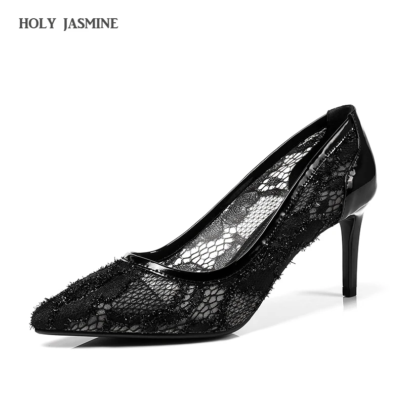 

2018 Spring Women Cutout Satin Fabric High Heels Sexy Lace Wedding Shoes Shallow Mouth Pointed Toe Genuine Leather Bride Pumps