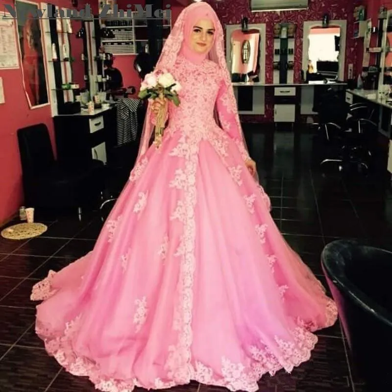 2018 Latest Muslim Wedding Dress Light Pink High neck Rhinestones Long Sleeve Tiered Skirts