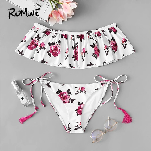 Romwe спортивный топ с рюшами и цветочным принтом с боковыми завязками, комплект бикини с открытыми плечами, Бесплатная женская летняя пикант...