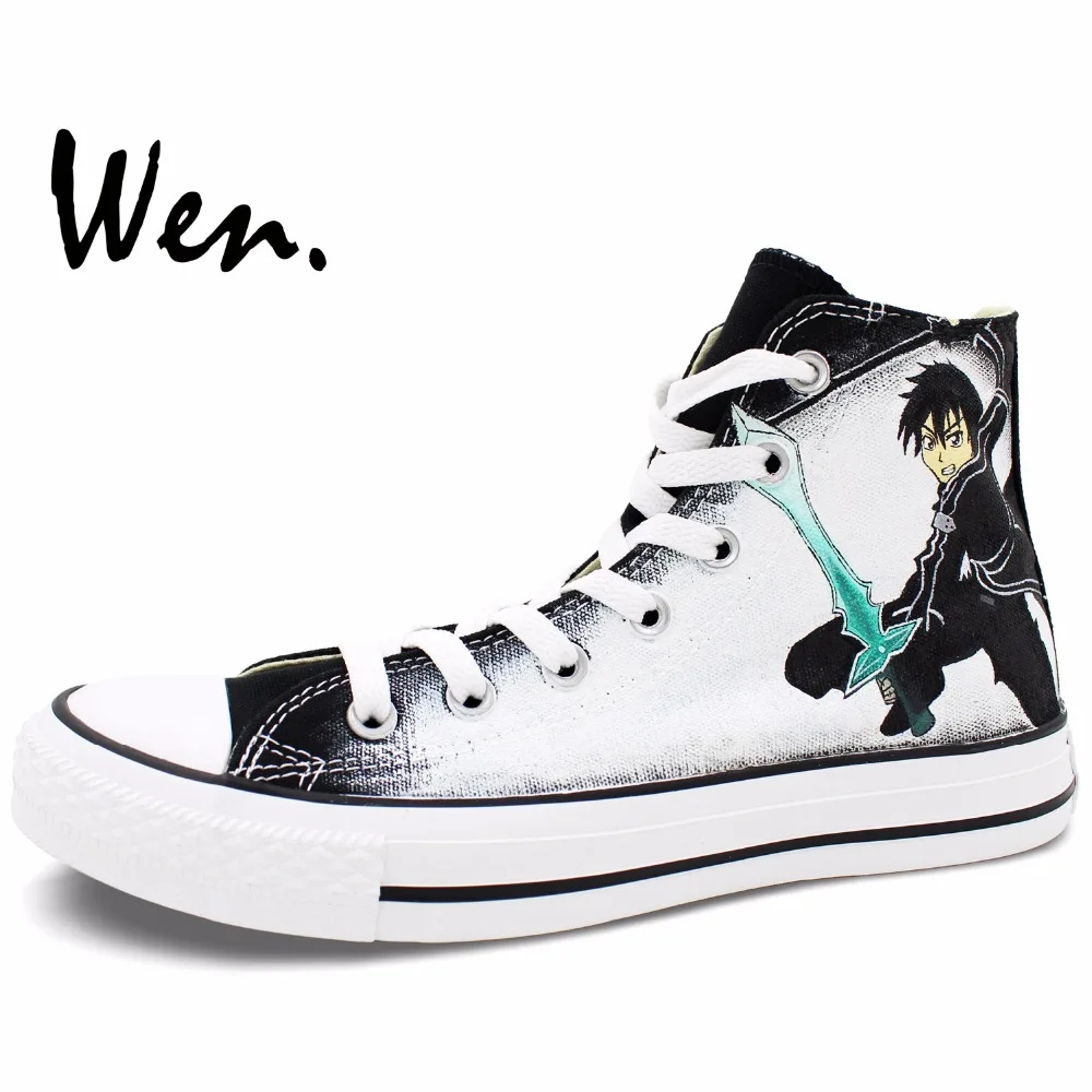 Вэнь ручная роспись Аниме обувь меч искусство онлайн черный высокие мужские женские парусиновые кроссовки для дня рождения подарки