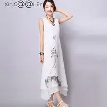 

2017 Summer Cotton Linen Women Dresses Ink Art Print Loose Casual A-line Designs O-neck Plus Size Thin Long Dresses Temperament