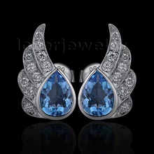Крылья ангела, 18 карат, белое золото, бриллиант и голубой топаз, серьги для помолвки WE059