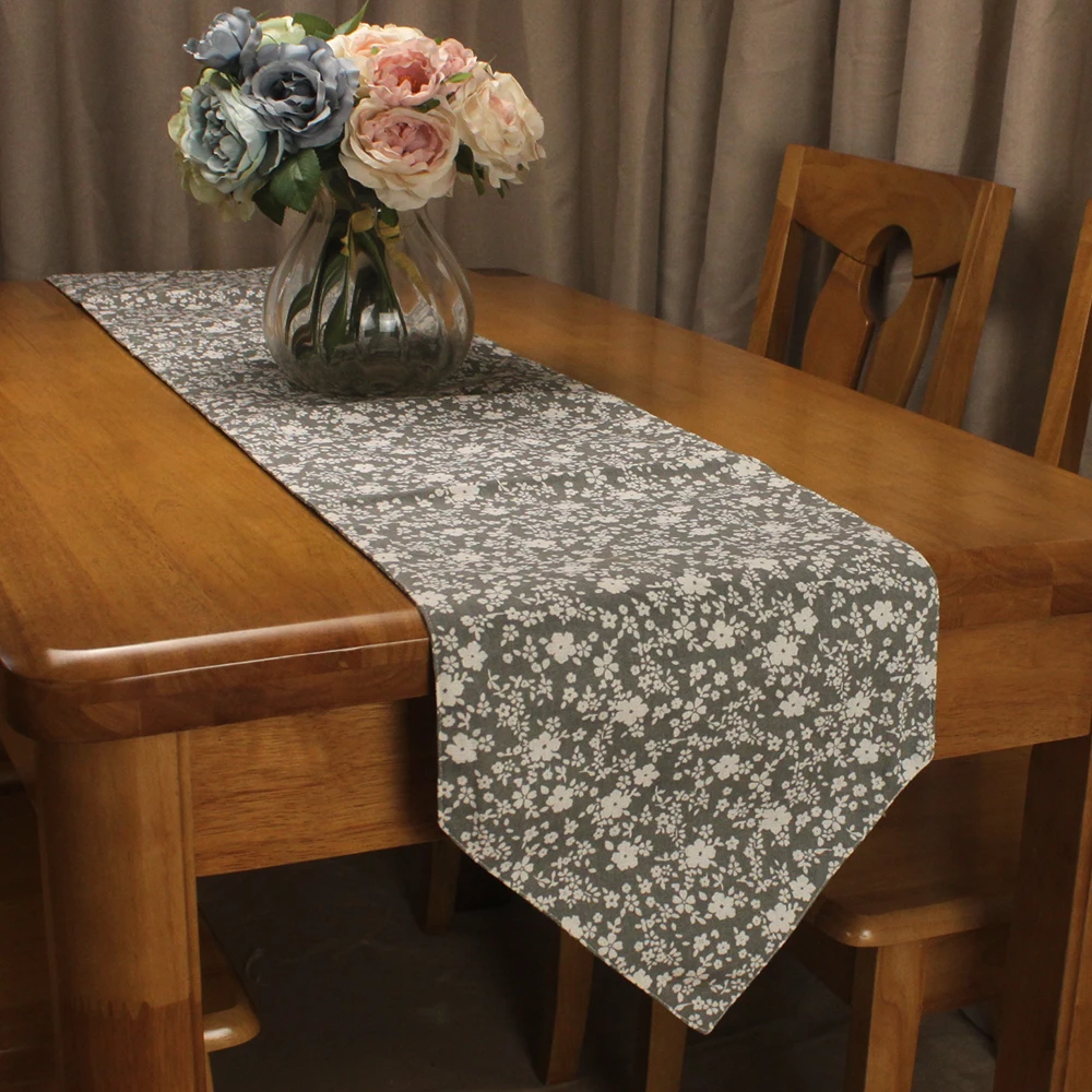 CURCYA Household Linen Japanese Style Plain Table Runner Gray Flowers