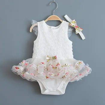 

White Rosette Baby Dress Summer Sleeveless Infant Girls Dress Girl Clothes with Headband for Party 1 Year Birthday Dresses