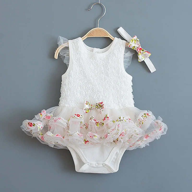 

White Rosette Baby Dress Summer Sleeveless Infant Girls Dress Girl Clothes with Headband for Party 1 Year Birthday Dresses