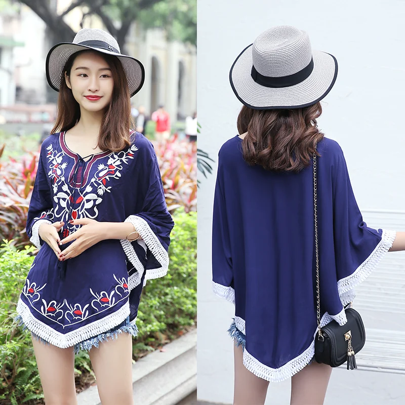 

Cheshanf 2019 Summer Retro Embroidery Floral Tassel Ethnic Women Elegant Boho Hippie Loose Vintage Batwing Blouse Tops Blusas