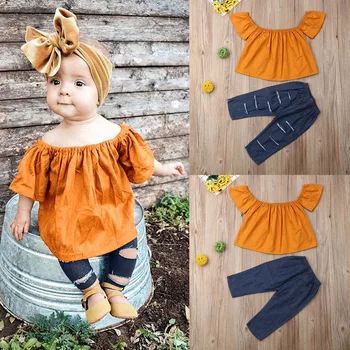 

Kids Girls Clothes Toddler Children Sets Off Shoulder Solid Tops Hole jeans Piece kit Outfit Little Girls Clothing Wholesale