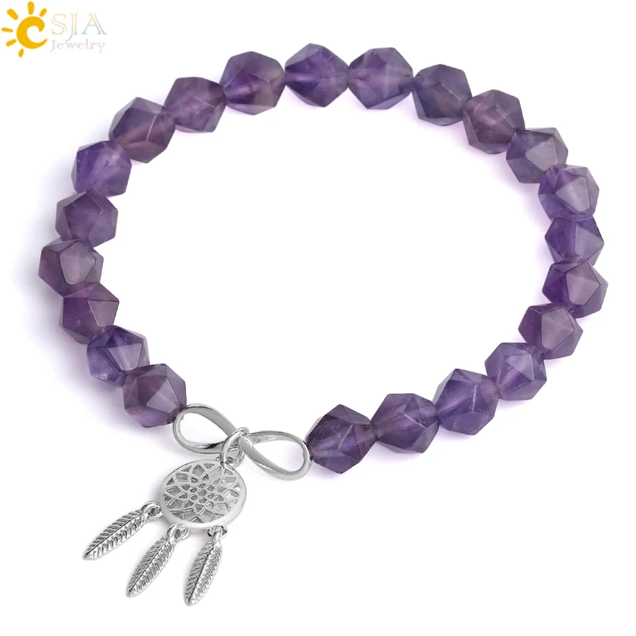 

CSJA Natural Stone Purple Crystal Strand Bracelet Multifaceted Healing Reiki Bead Dream Catcher Bracelets for Women Jewelry F955