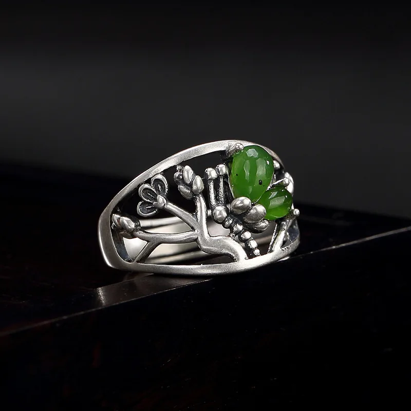 Настоящее 925 пробы Серебряная бабочка кольца для женщин натуральный нефрит камень полые Дизайн открытие кольцо