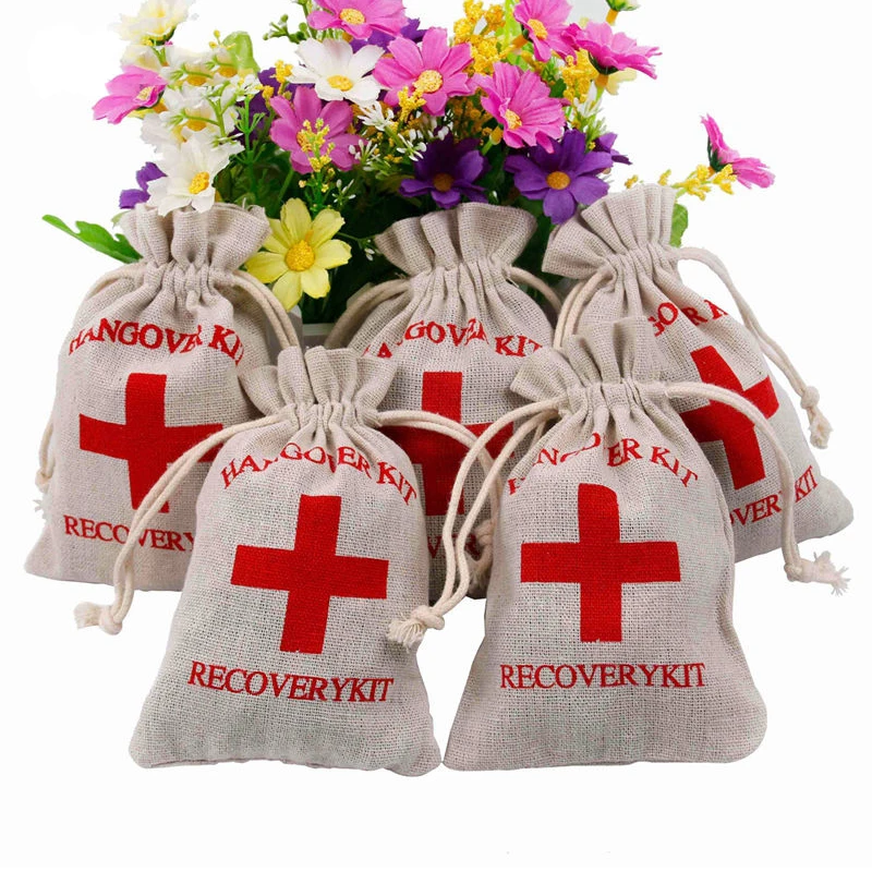 JX-LCLYL 10PCS Hangover Recovery Kit Hen Party Favors Cotton Linen First Aid Rustic Bag