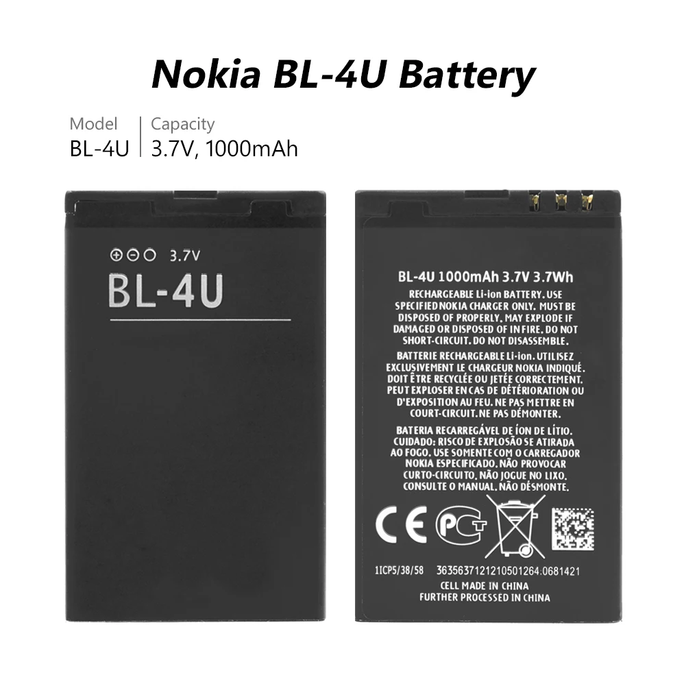 Литиевая YCDC 1000 мА/ч, BL-4U BL4U BL 4U Батарея для Nokia Asha 210 300 305 306 308 309 311 501 503 Замена Батарея