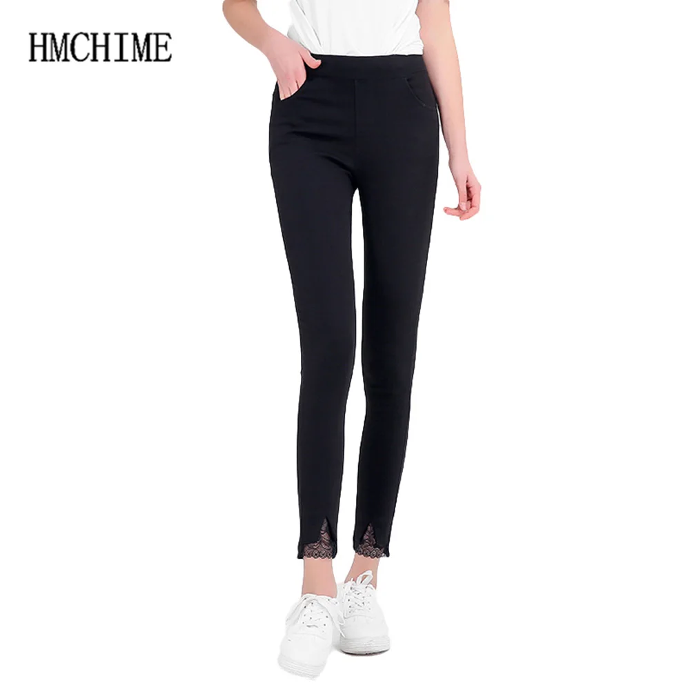 Lace Slit Cuffs Women Pants Elastic Fabric Plus Size M 6XL Stretch Female Basic Trousers Push Up