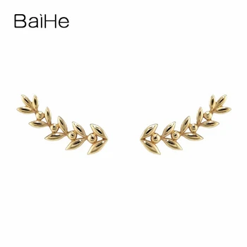 

BAIHE Solid 14K Yellow Gold Engagement Anniversary Wedding Trendy Fine Jewelry Elegant Unique 14k true gold grass Stud Earrings
