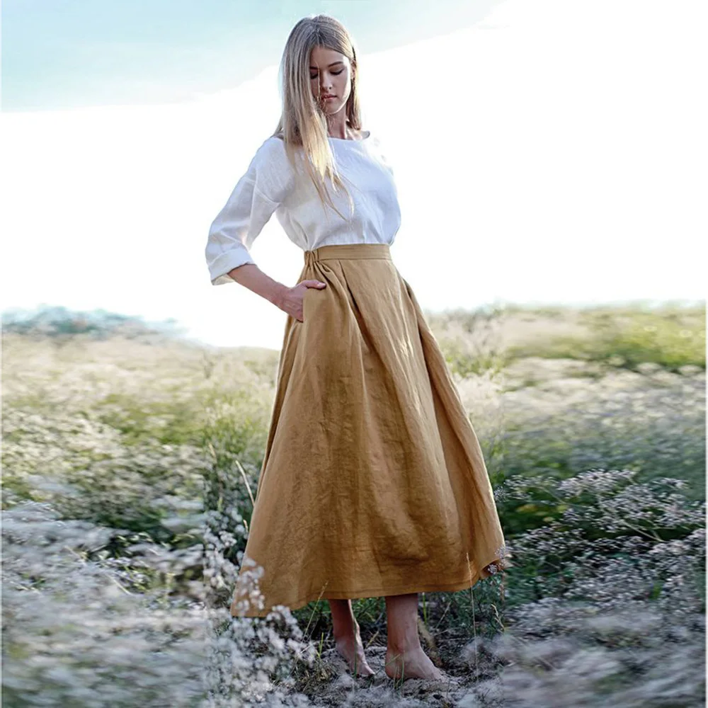 2019 осенне-Летняя женская юбка из хлопка и льна, повседневная юбка с высокой талией, Женская плиссированная юбка с эластичной талией